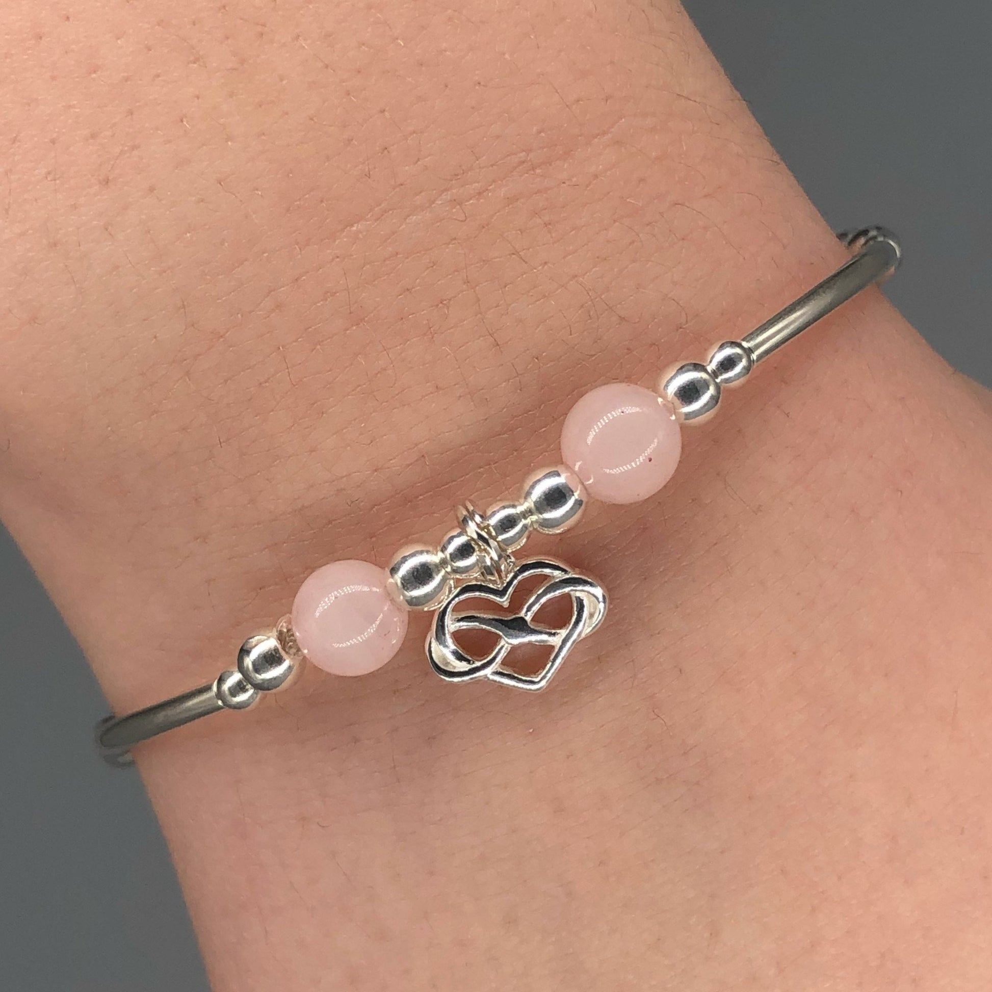Infinity heart rose quartz & sterling silver stacking charm bracelet by My Silver Wish