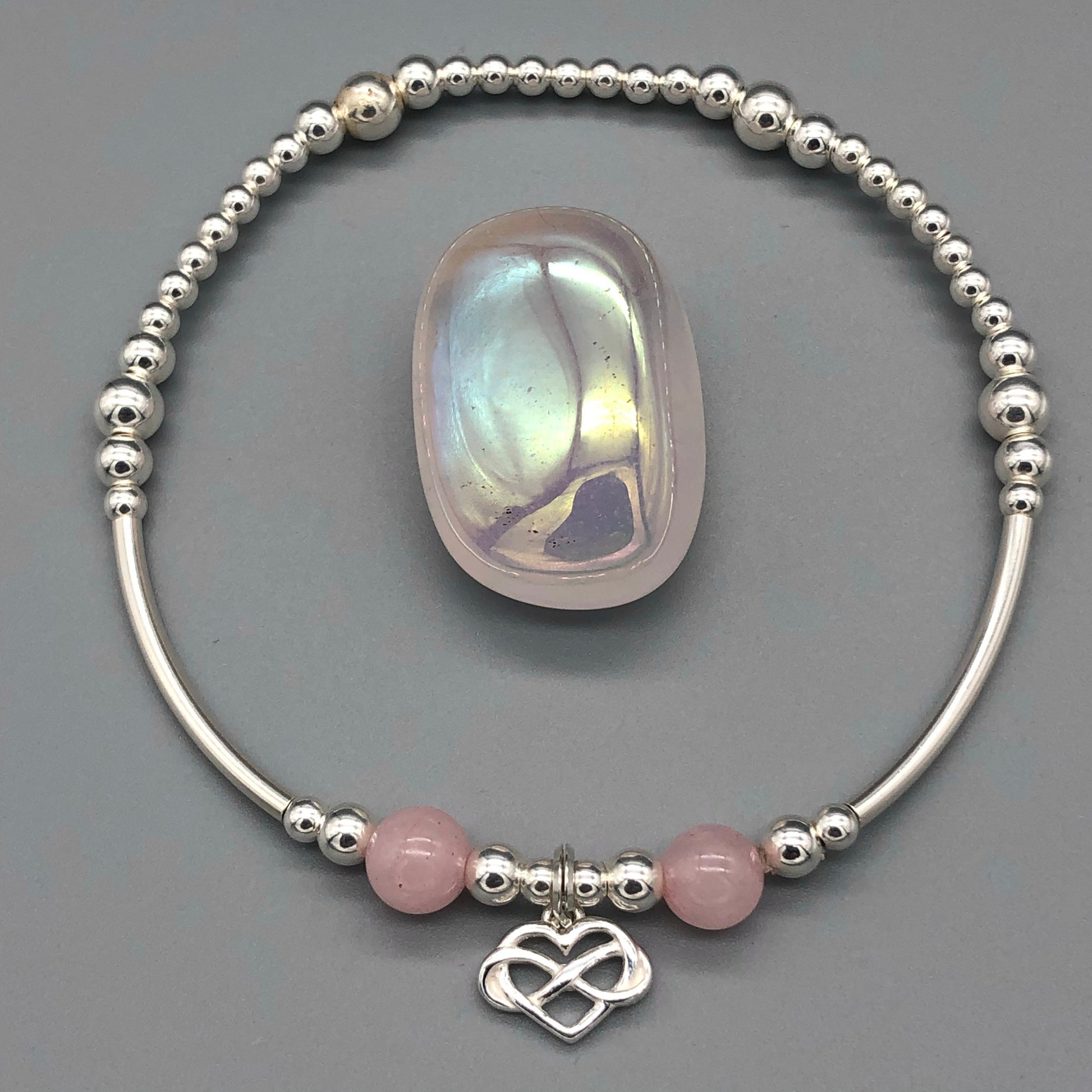 Infinity heart rose quartz & sterling silver stacking charm bracelet by My Silver Wish