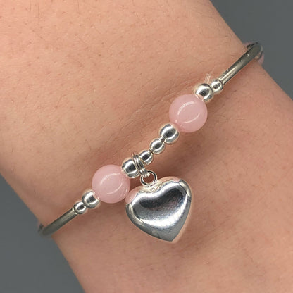 Rose Quartz Hearts Sterling Silver Girl's Charm Stacking Bracelet Set