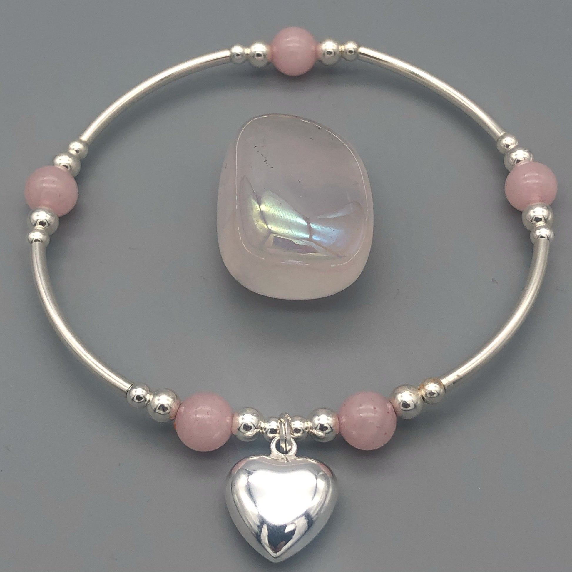 Rose quartz solid heart charm sterling silver hand-made women's stacking bracelet by My Silver Wish