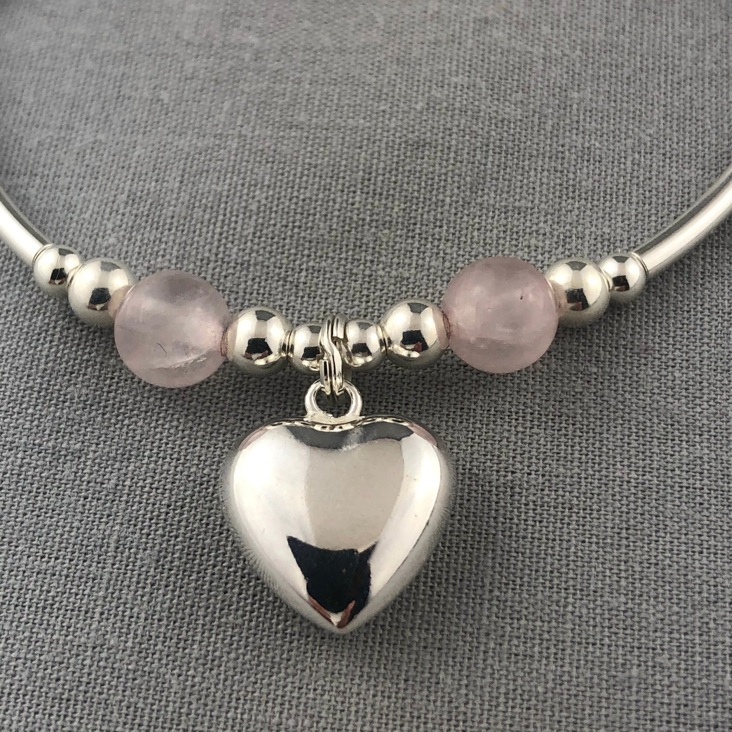 Puff heart rose quartz & sterling silver stacking charm bracelet by My Silver Wish