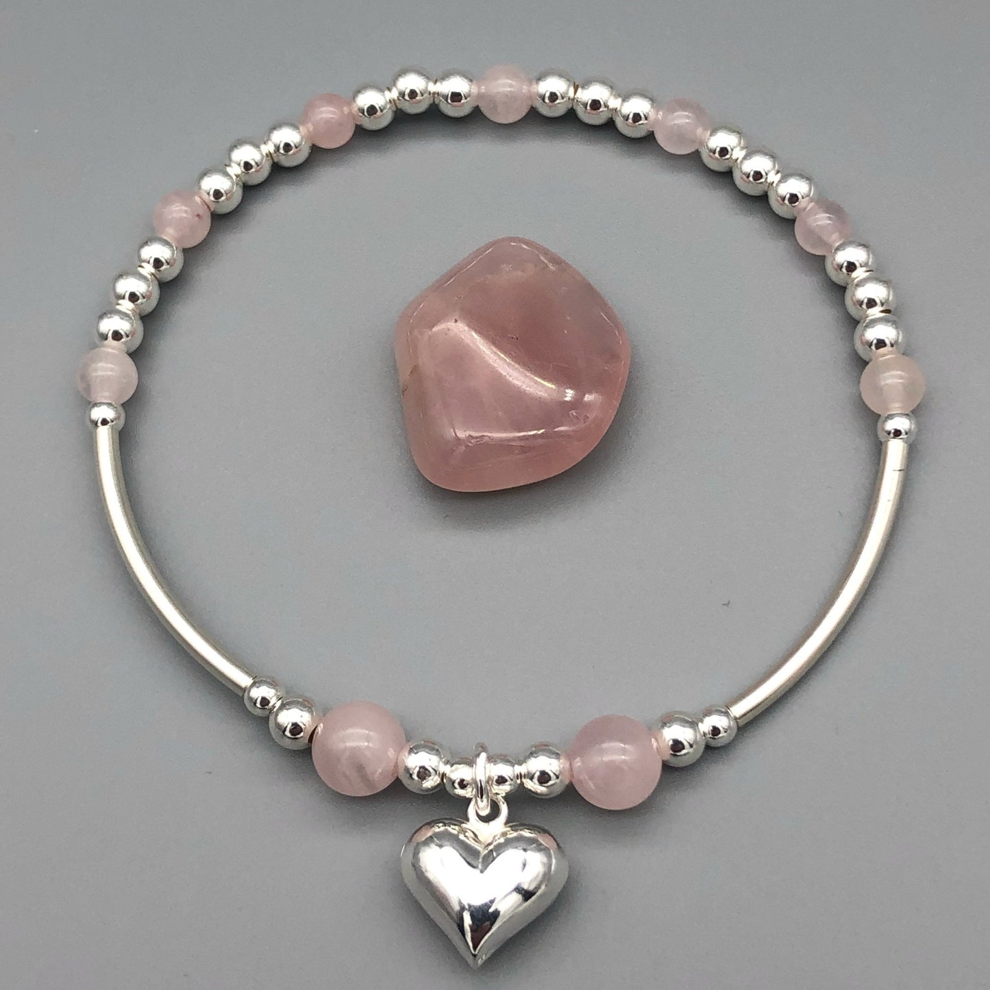 Puff heart charm sterling silver and Rose Quartz hand-made women's stacking bracelet and earring gift set