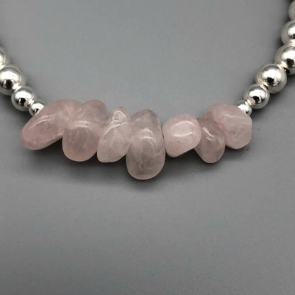 Closeup of Rose Quartz Chip Bead Sterling Silver Handmade Women's Stacking Bracelet by My Silver Wish