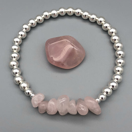 Rose Quartz Chip Bead Sterling Silver Handmade Women's Stacking Bracelet by My Silver Wish