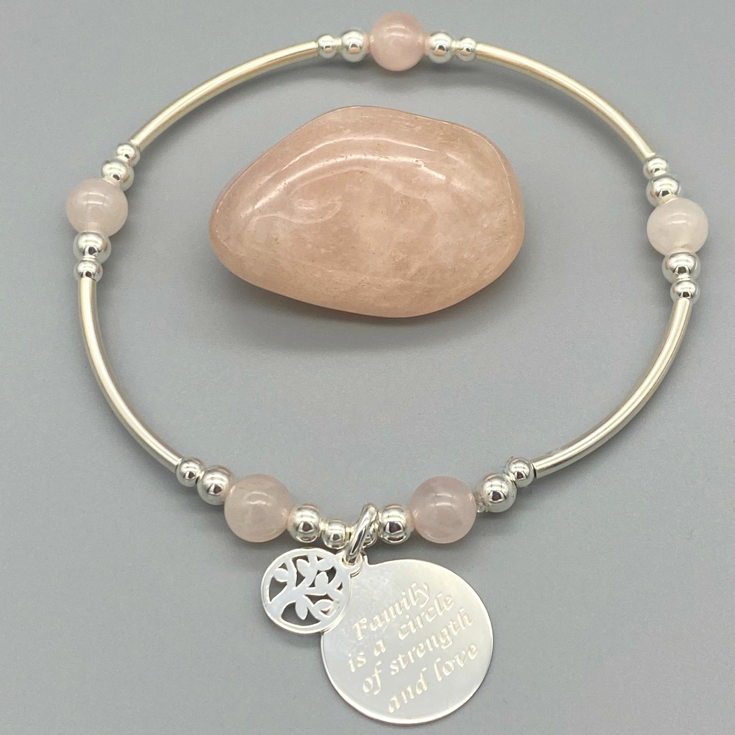 "Family is a circle of strength & love" charm rose quartz women's sterling silver stacking bracelet by My Silver Wish