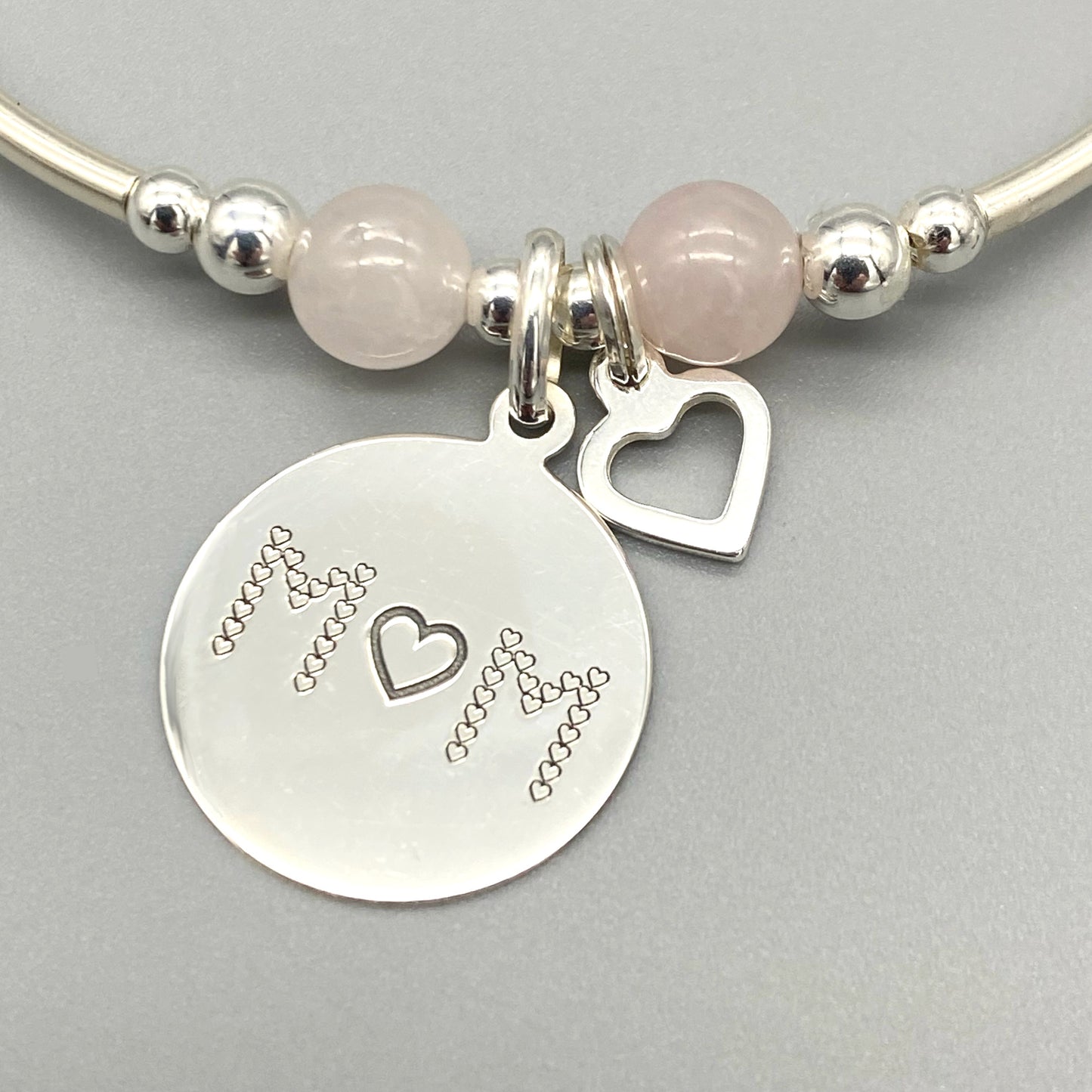 "Mother's Love is Like No Other" heart charm silver rose quartz women's stacking bracelet by My Silver Wish