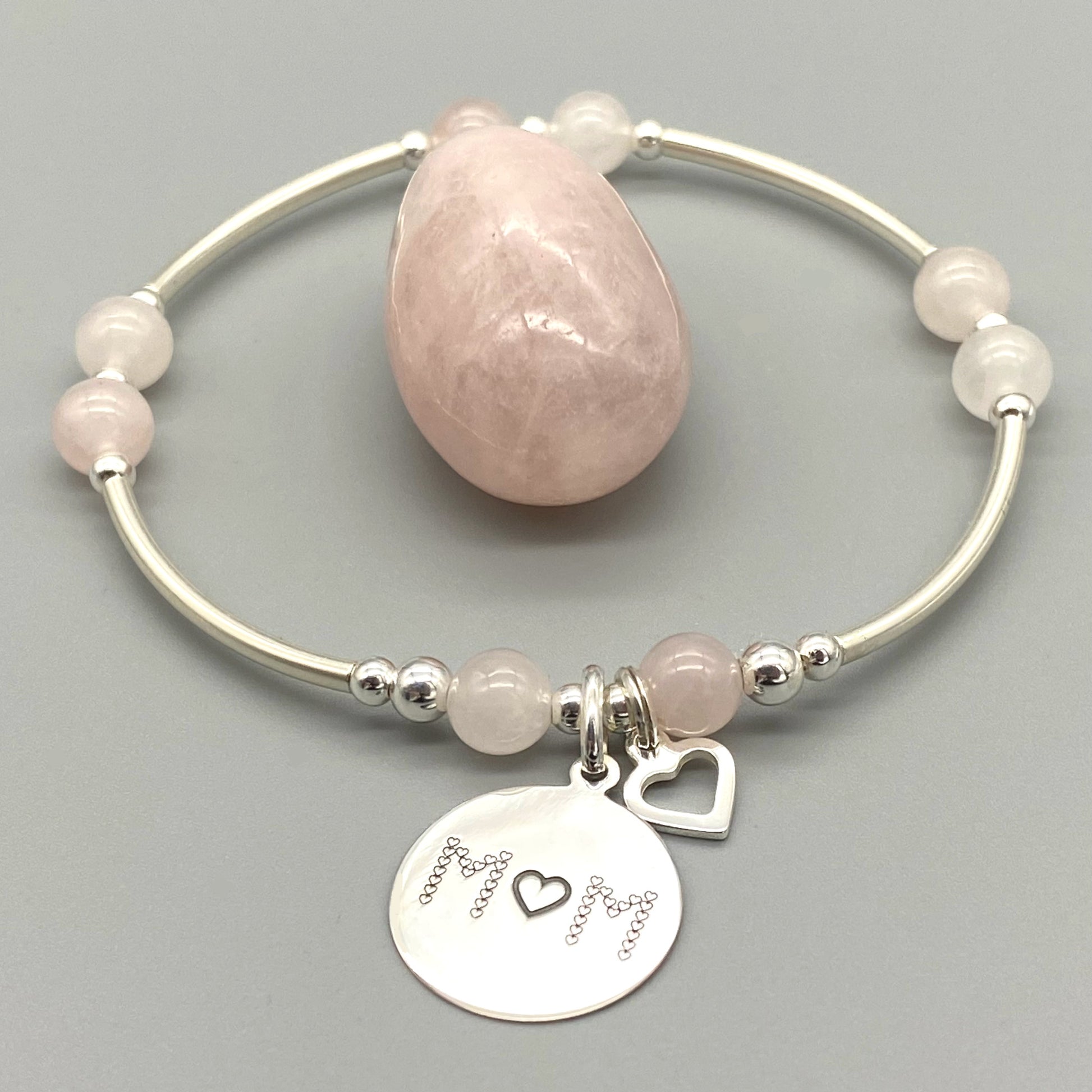 "Mother's Love is Like No Other" heart charm silver rose quartz women's stacking bracelet by My Silver Wish