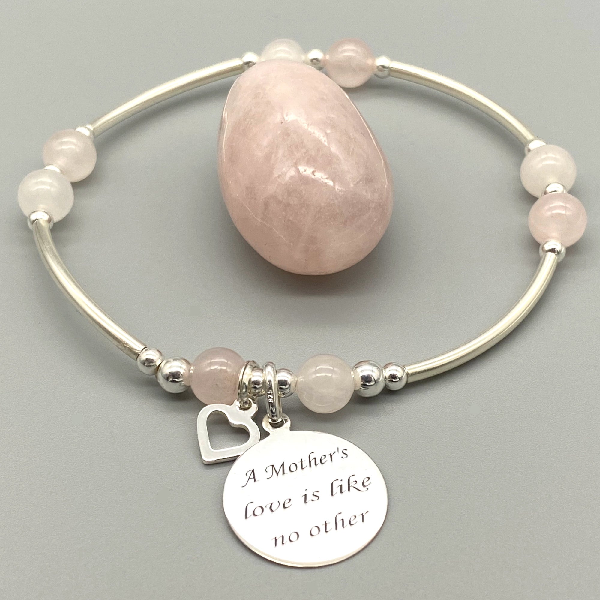 "Mother's Love is Like No Other" heart charm silver rose quartz women's stacking bracelet by My Silver Wish