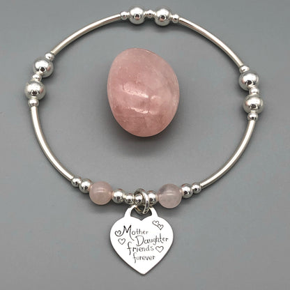 "Mother Daughter Friends Forever" silver heart rose quartz women's stacking bracelet by My Silver Wish