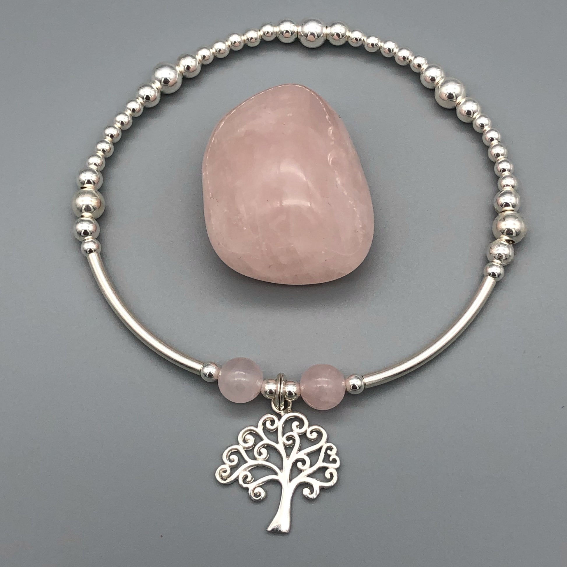 Tree of Life charm rose quartz & silver women's stacking charm bracelet by My Silver Wish