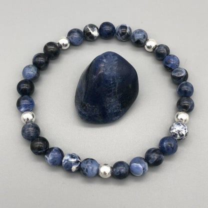 Sodalite blue stone & silver beads women's stacking bracelet by My Silver Wish