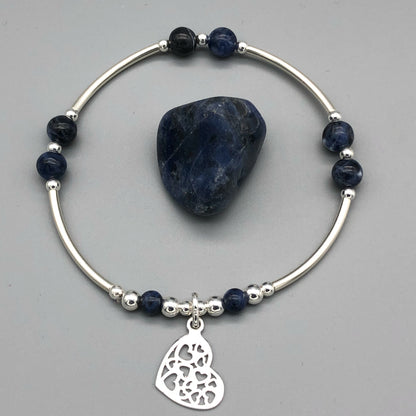 Heart charm filigree sterling silver & sodalite gemstone women's stacking bracelet by My Silver Wish