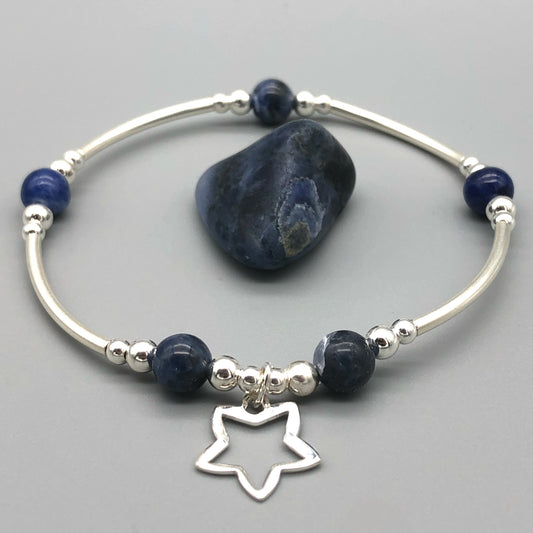 Star charm sodalite healing stone &  sterling silver beads women's stacking bracelet by My Silver Wish