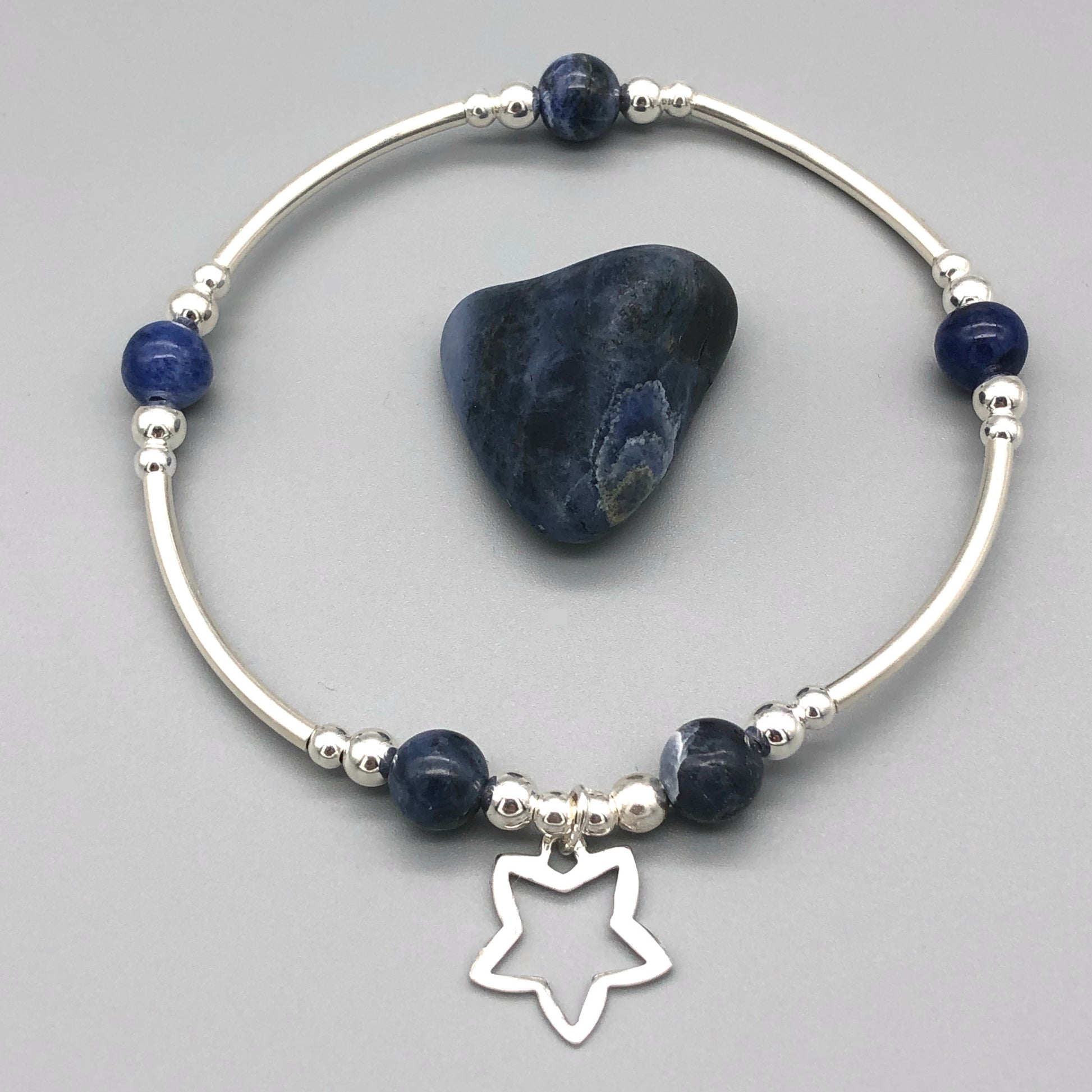 Star charm sodalite healing stone &  sterling silver beads women's stacking bracelet by My Silver Wish