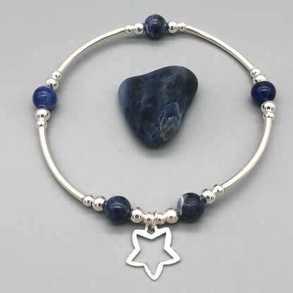 Star charm sodalite healing stone &  sterling silver beads women's stacking bracelet by My Silver Wish