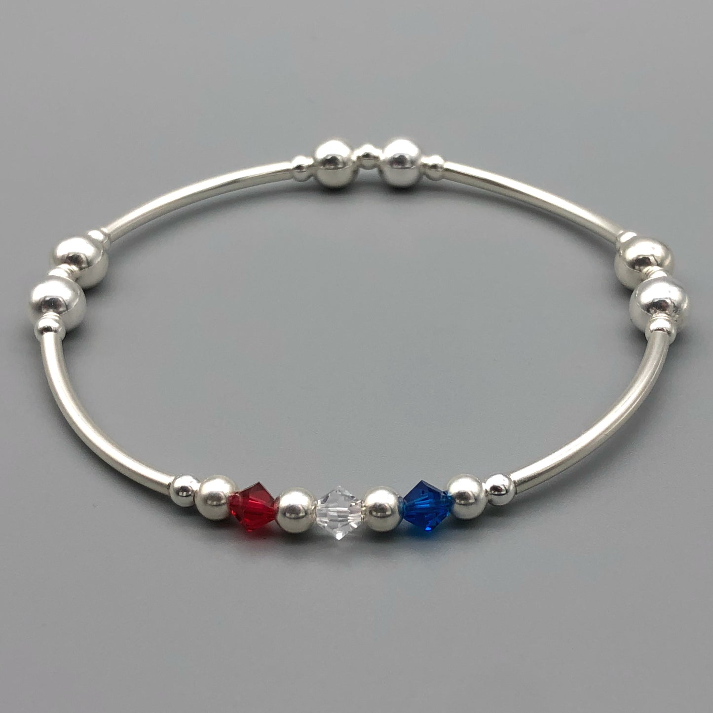 Red White Blue Crystals Sterling Silver Women's Stacking Beaded Bracelet by My Silver Wish