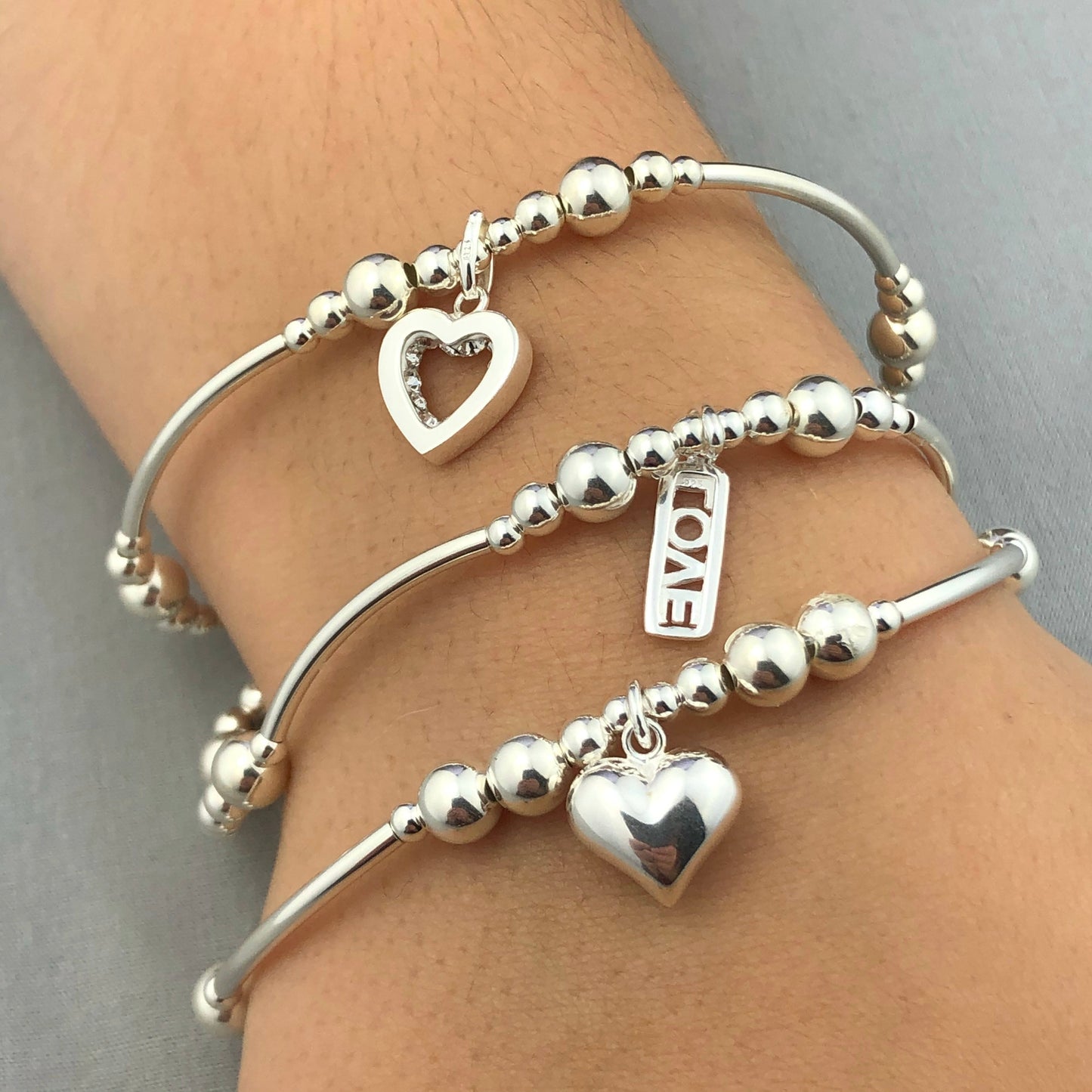 "Love" Charms Women's Sterling Silver Stacking Bracelet Set by My Silver Wish