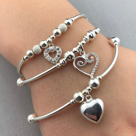 Heart Charms Women's Sterling Silver Stacking Bracelet Set by My Silver Wish