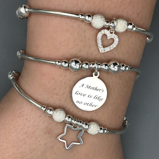 "Mother's love is like no other" heart & star charm sterling silver women's charm bracelet stack by My Silver Wish