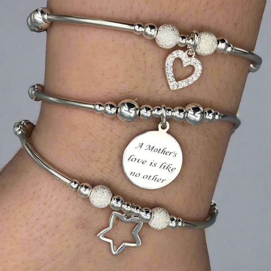 "Mother's love is like no other" heart & star charm sterling silver women's charm bracelet stack by My Silver Wish