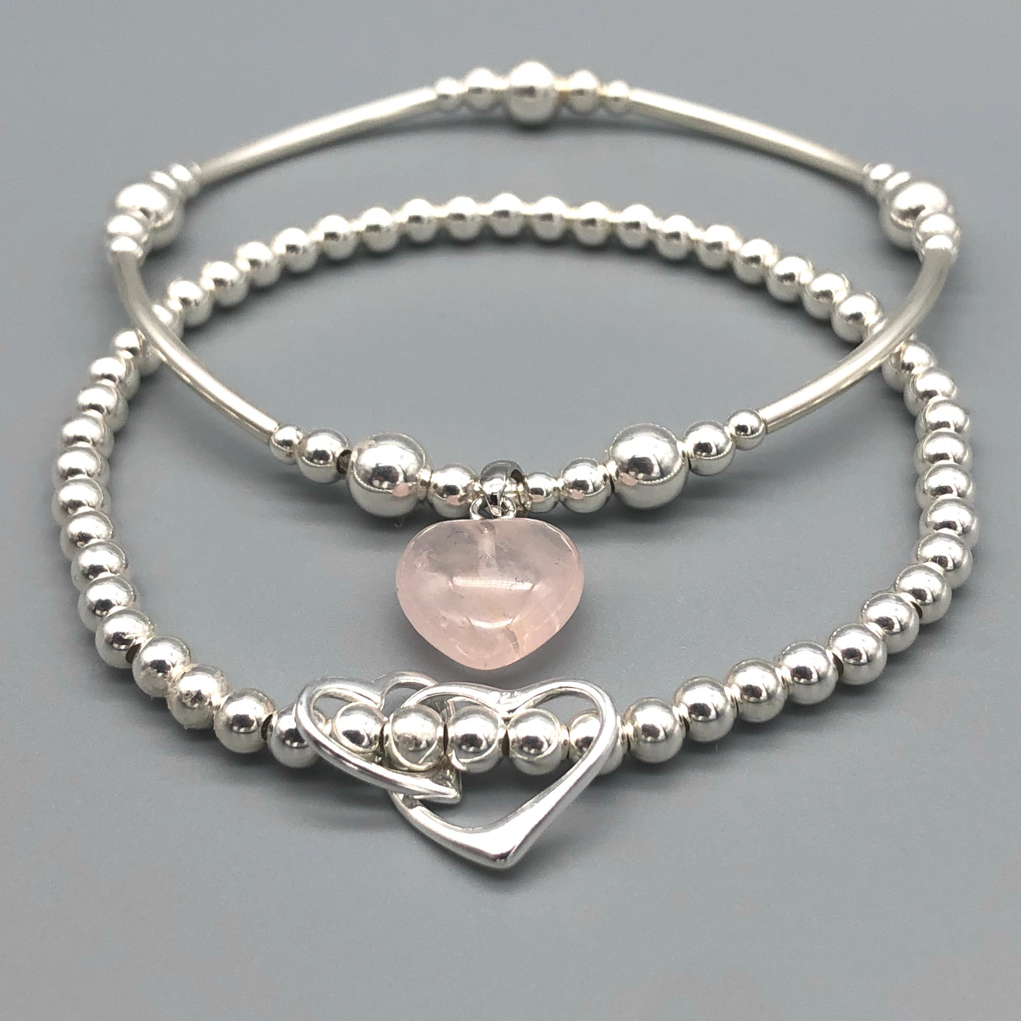 Stacking bracelet set, rose quartz heart & twin silver heart