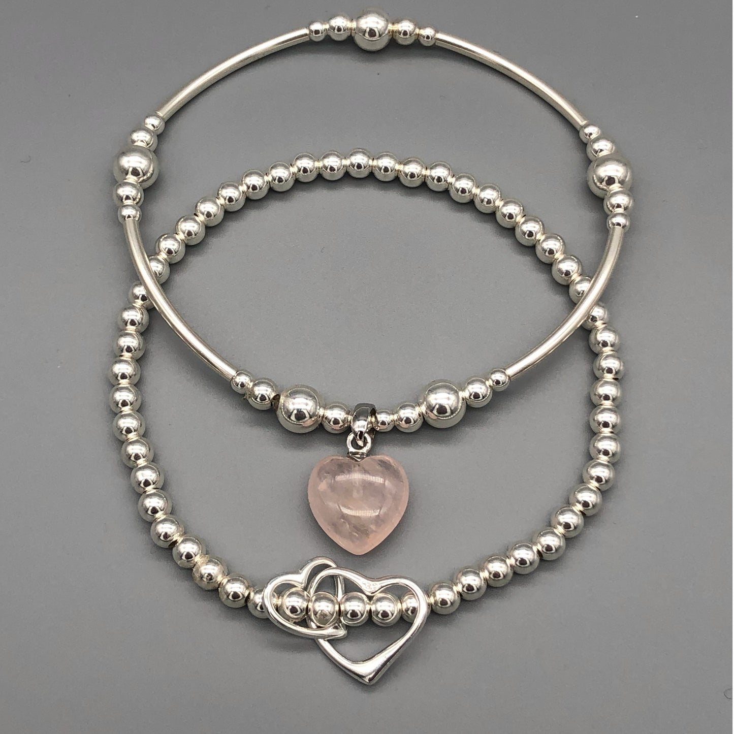 Rose quartz heart & sterling silver twin heart charms women's stacking bracelet set by My Silver Wish