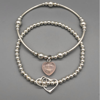 Rose quartz heart & sterling silver twin heart charms women's stacking bracelet set by My Silver Wish