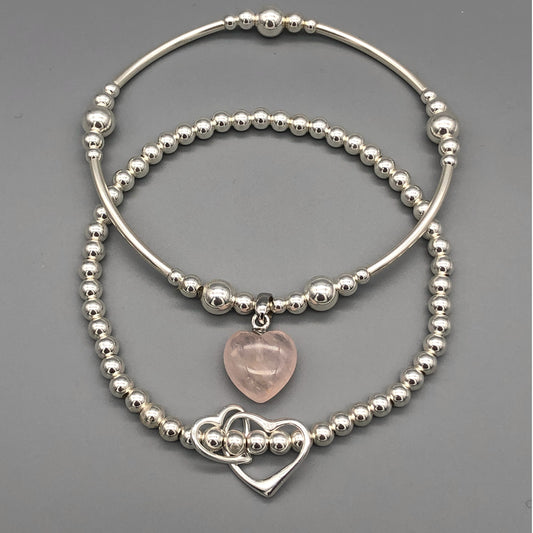 Rose quartz heart & sterling silver twin heart charms women's stacking bracelet set by My Silver Wish