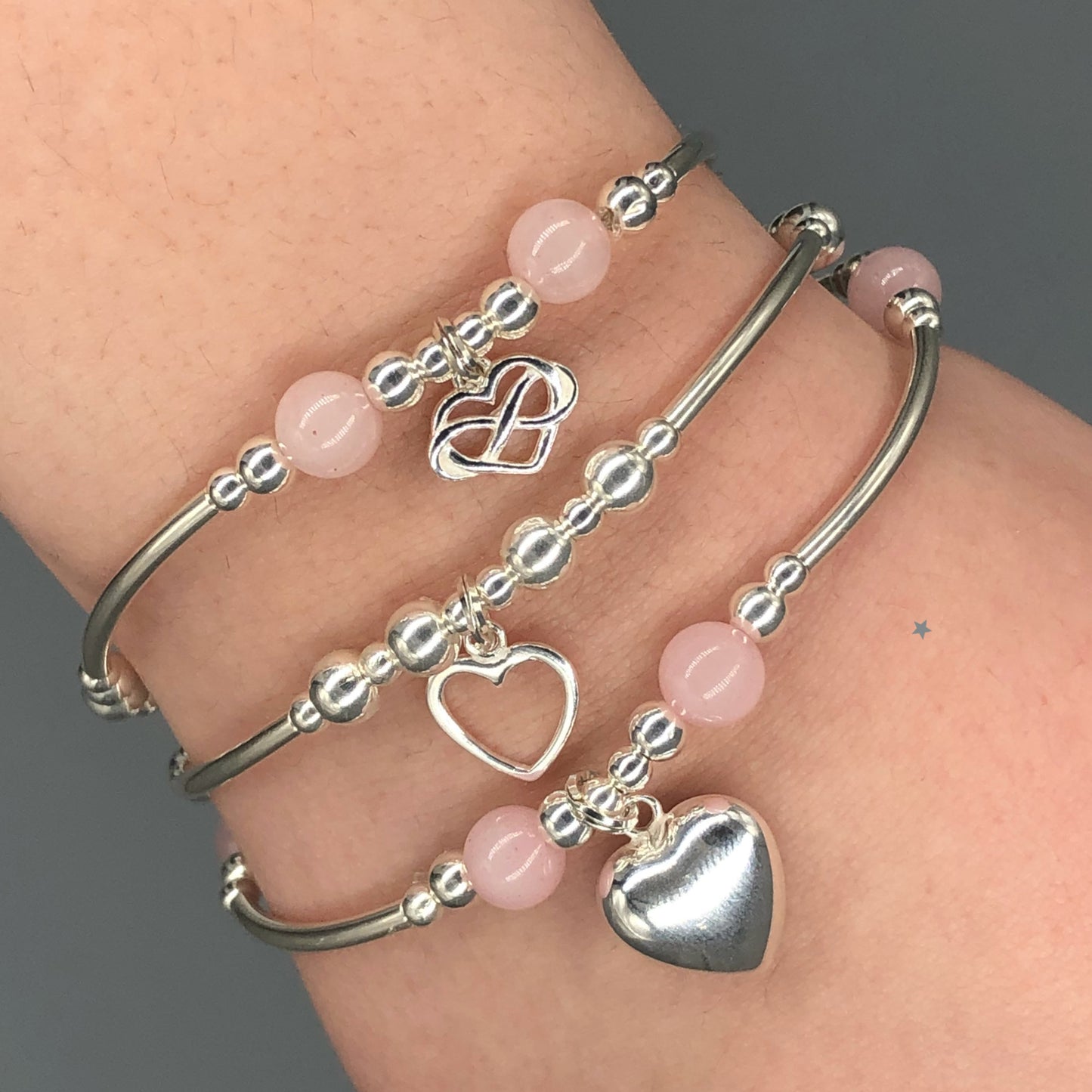Rose Quartz Hearts Sterling Silver Girl's Charm Stacking Bracelet Set by My Silver Wish