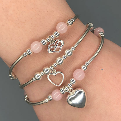 Rose Quartz Hearts Sterling Silver Women's Charm Stacking Bracelet Set by My Silver Wish
