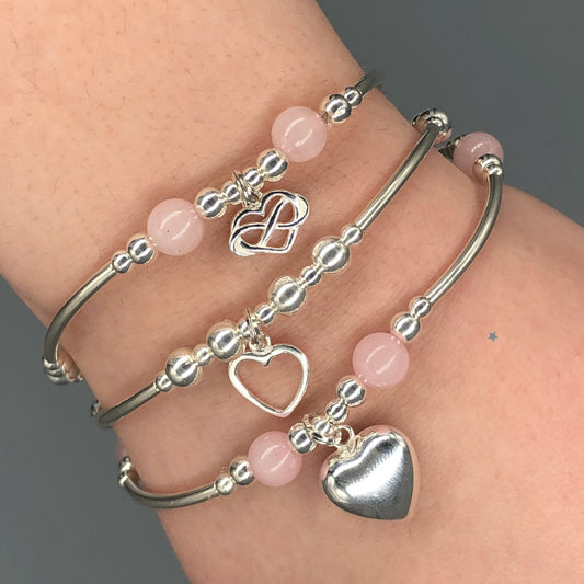 Rose Quartz Hearts Sterling Silver Women's Charm Stacking Bracelet Set by My Silver Wish