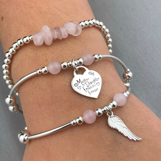 Rose Quartz "Mother Daughter Friends Forever" Women's Sterling Silver Stacking Bracelet Set by My Silver Wish