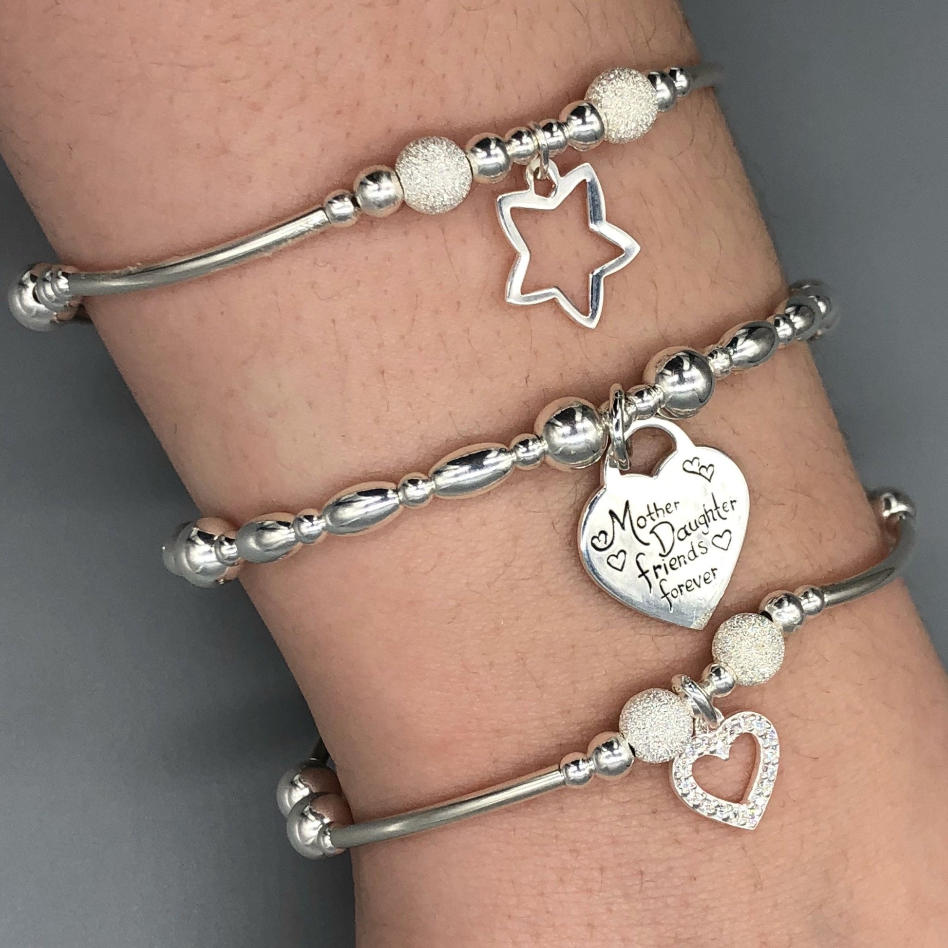 "Mother Daughter Friends Forever" sterling silver women's charm stacking bracelet set by My Silver Wish