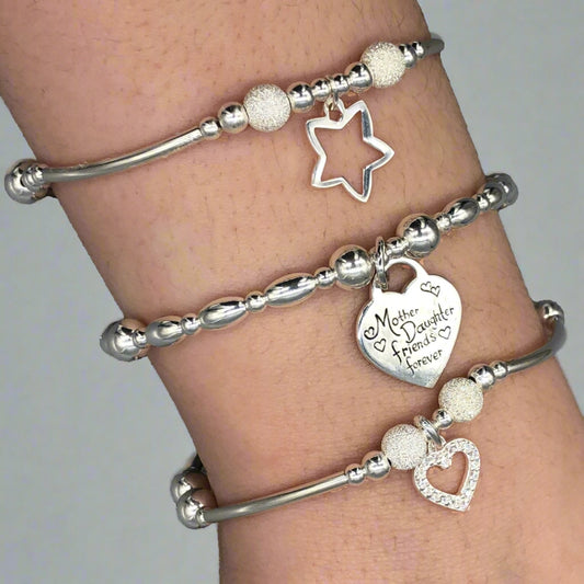 "Mother Daughter Friends Forever" sterling silver women's charm stacking bracelet set by My Silver Wish