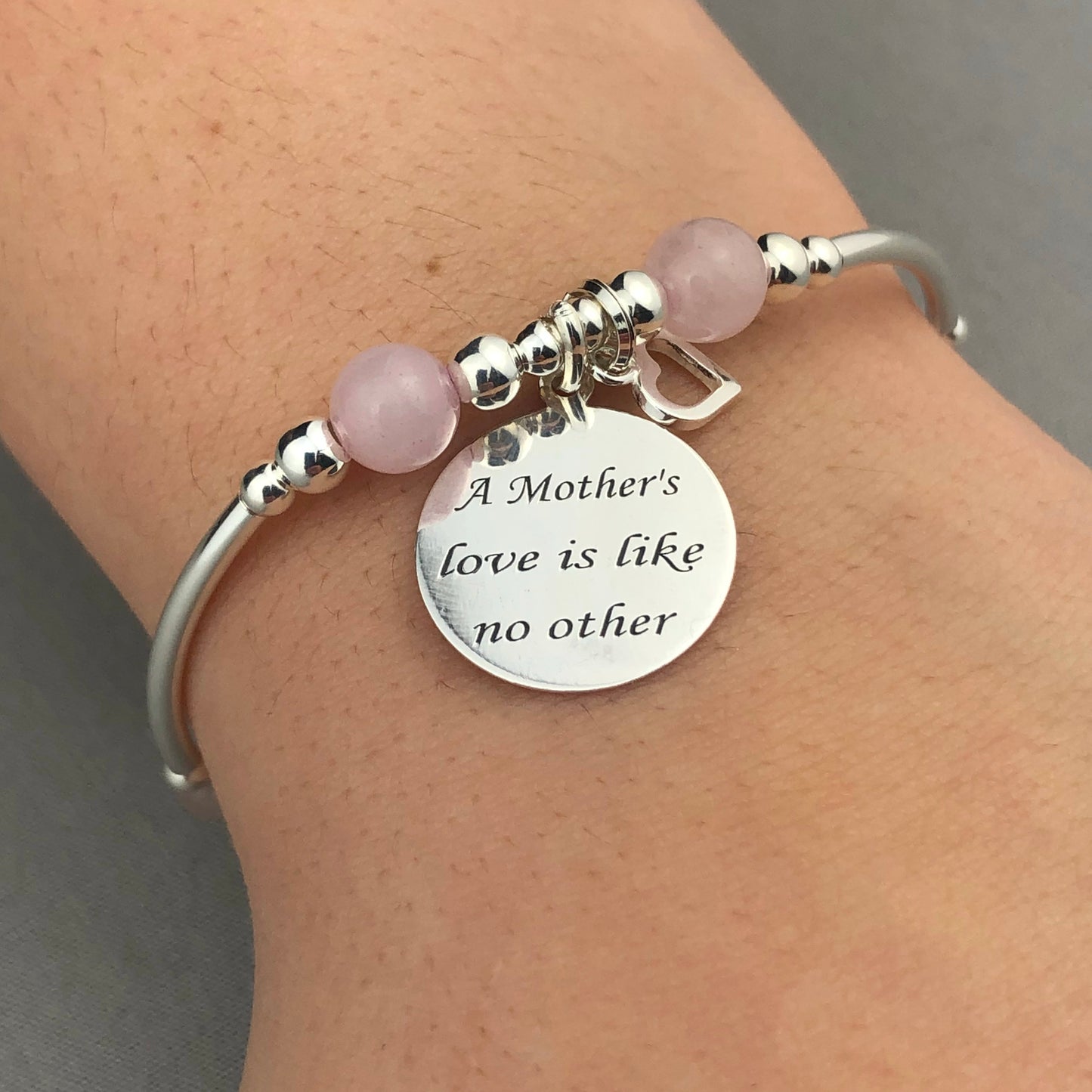 "Mother's Love is Like No Other" heart charm silver rose quartz women's stacking charm bracelet by My Silver Wish
