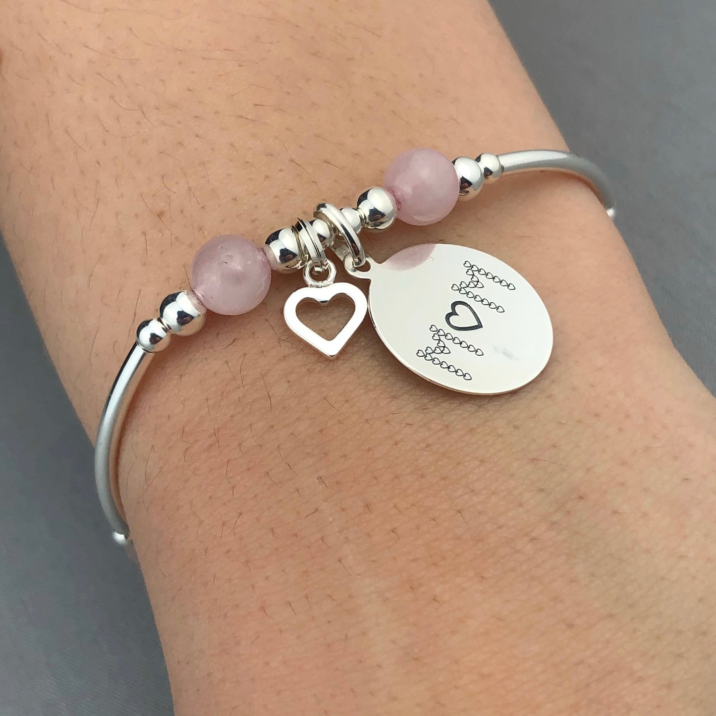 "Mum" heart charm silver rose quartz women's stacking charm bracelet by My Silver Wish