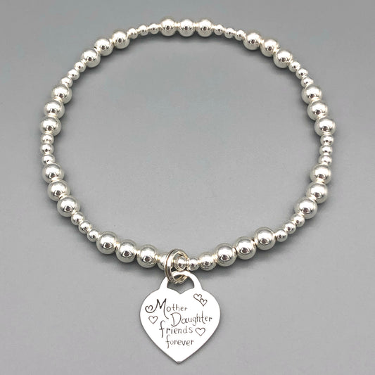 "Mother & Daughter Friends Forever" heart charm silver women's stacking bracelet by My Silver Wish