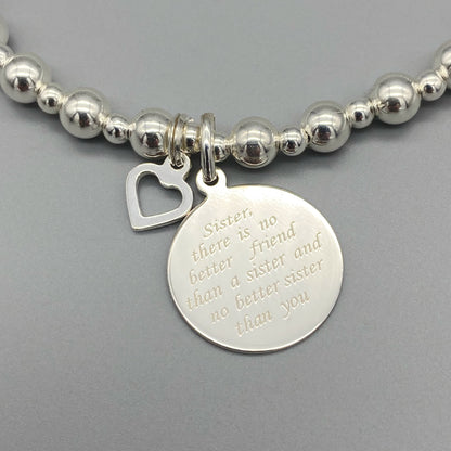 Closeup of "Sister there is no better friend..." women's sterling silver stacking bracelet by My Silver Wish