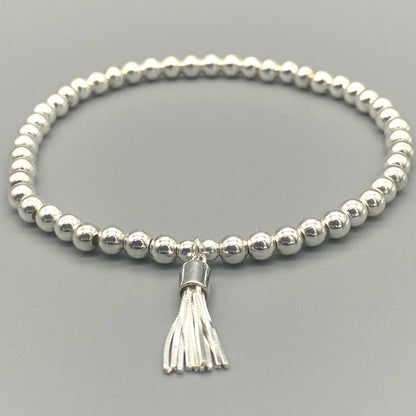 Tassel charm sterling silver women's beaded stacking bracelet by My Silver Wish