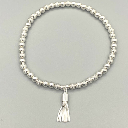 Tassel charm sterling silver women's beaded stacking bracelet by My Silver Wish