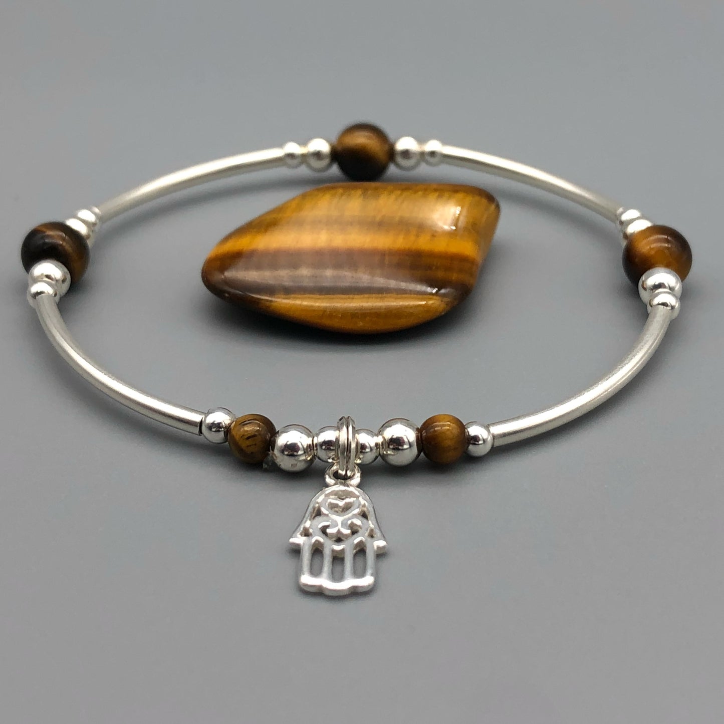 Hamsa Hand Charm Tigers Eye Beads Sterling Silver Women's Stacking Bracelet by My Silver Wish