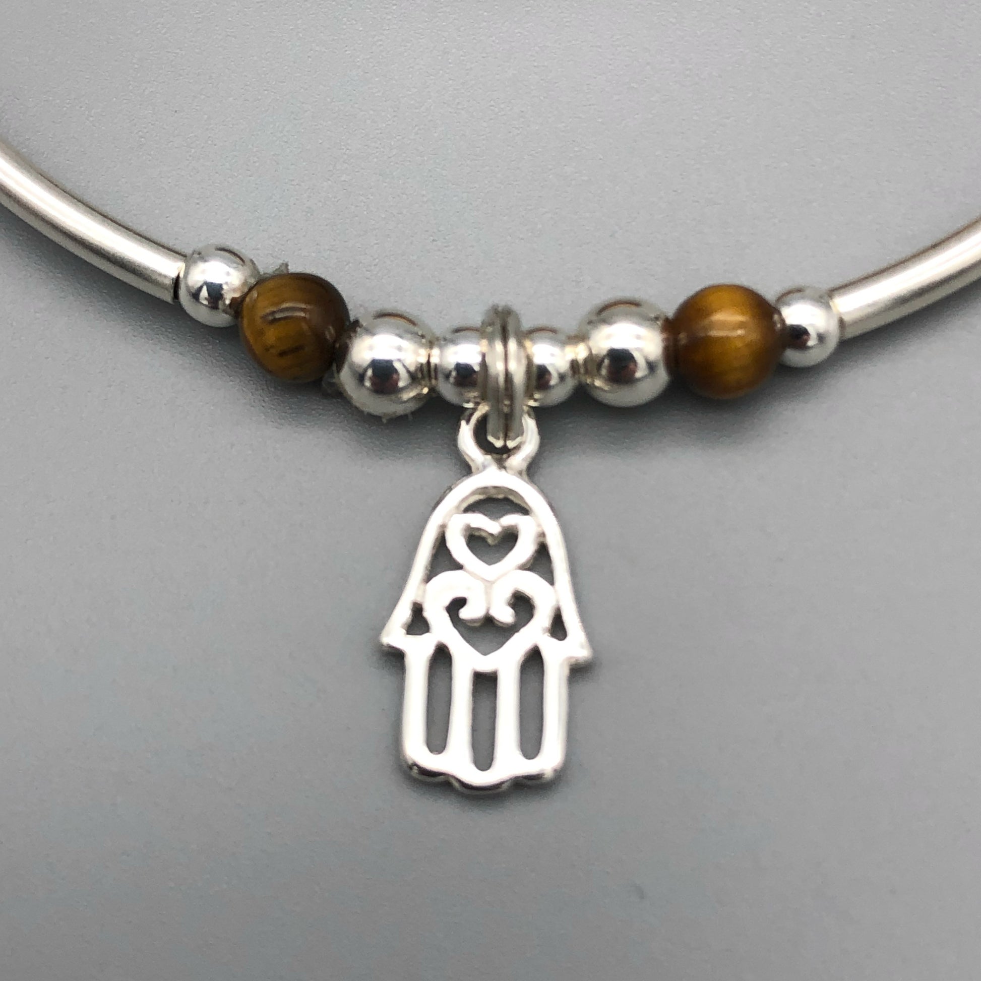 Closeup of Hamsa Hand Charm Tigers Eye Beads Sterling Silver Women's Stacking Bracelet by My Silver Wish
