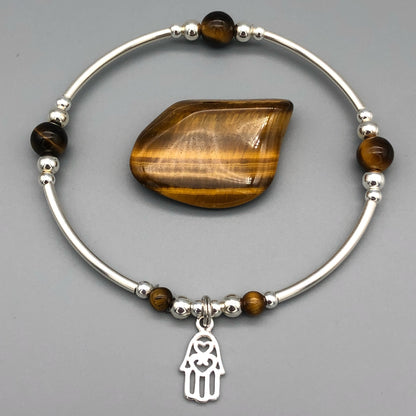 Hamsa Hand Charm Tigers Eye Beads Sterling Silver Women's Stacking Bracelet by My Silver Wish