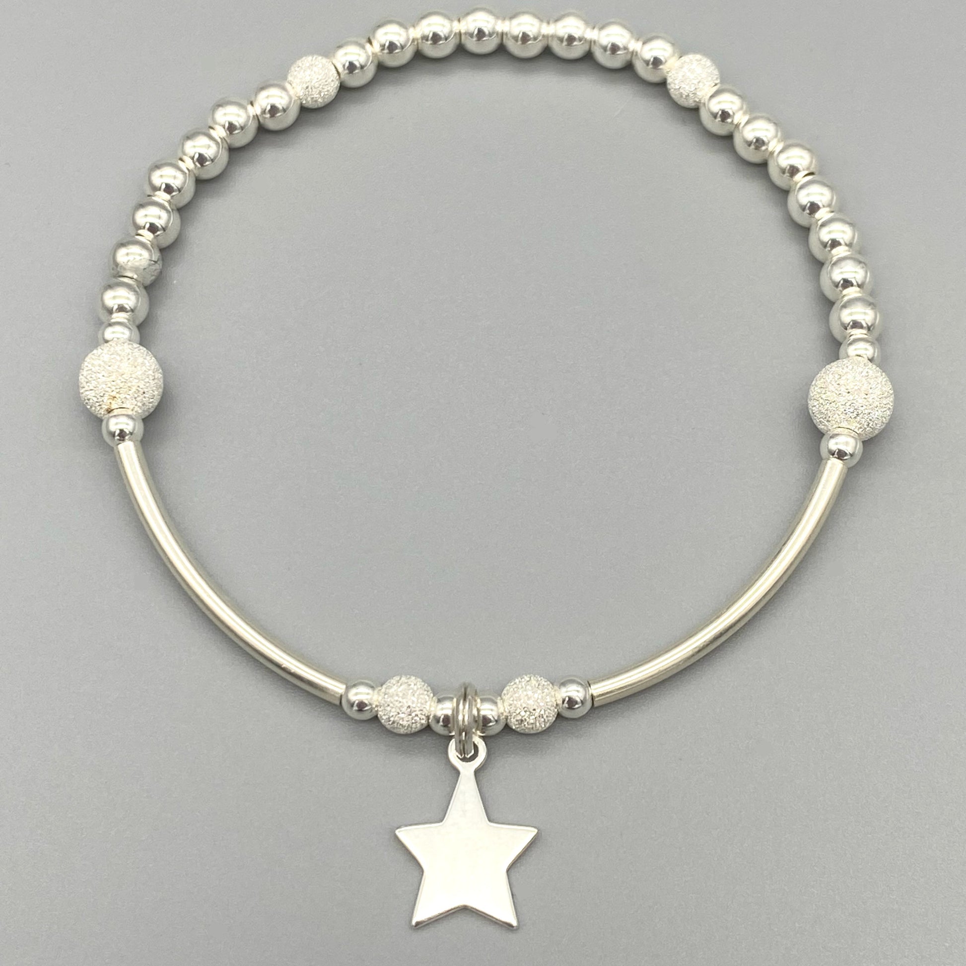 Star charm & starburst beads sterling silver stacking bracelet for her by My Silver Wish