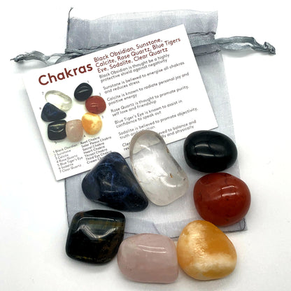 Chakra Gemstone Crystal Reiki Balancing Set:  Black Obsidian, Sunstone, Calcite, Rose Quartz, Blue Tigers Eye,  Sodalite, Clear Quartz by My Silver Wish