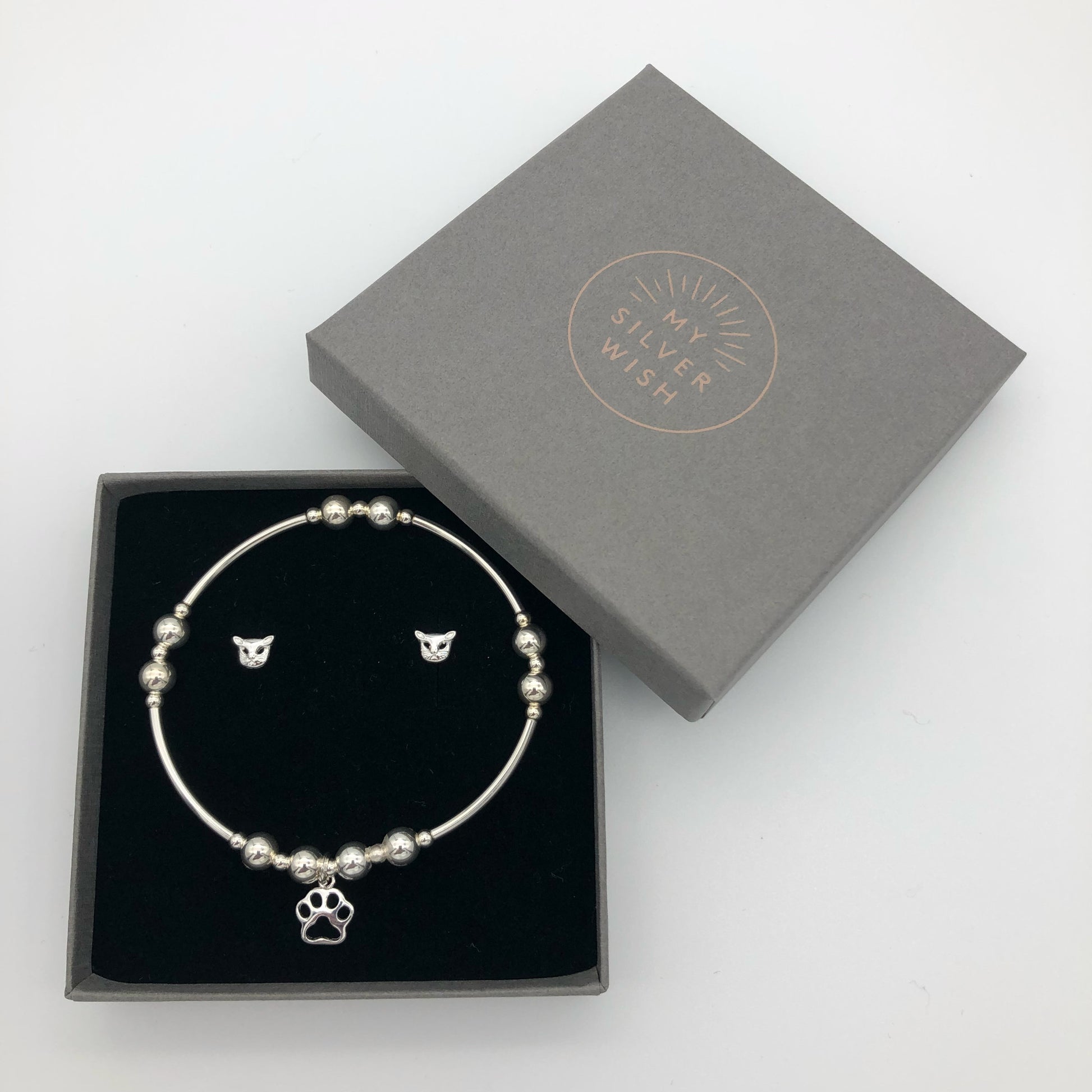 Cat charm sterling silver stacking bracelet and stud earring women's jewellery gift set by My Silver Wish