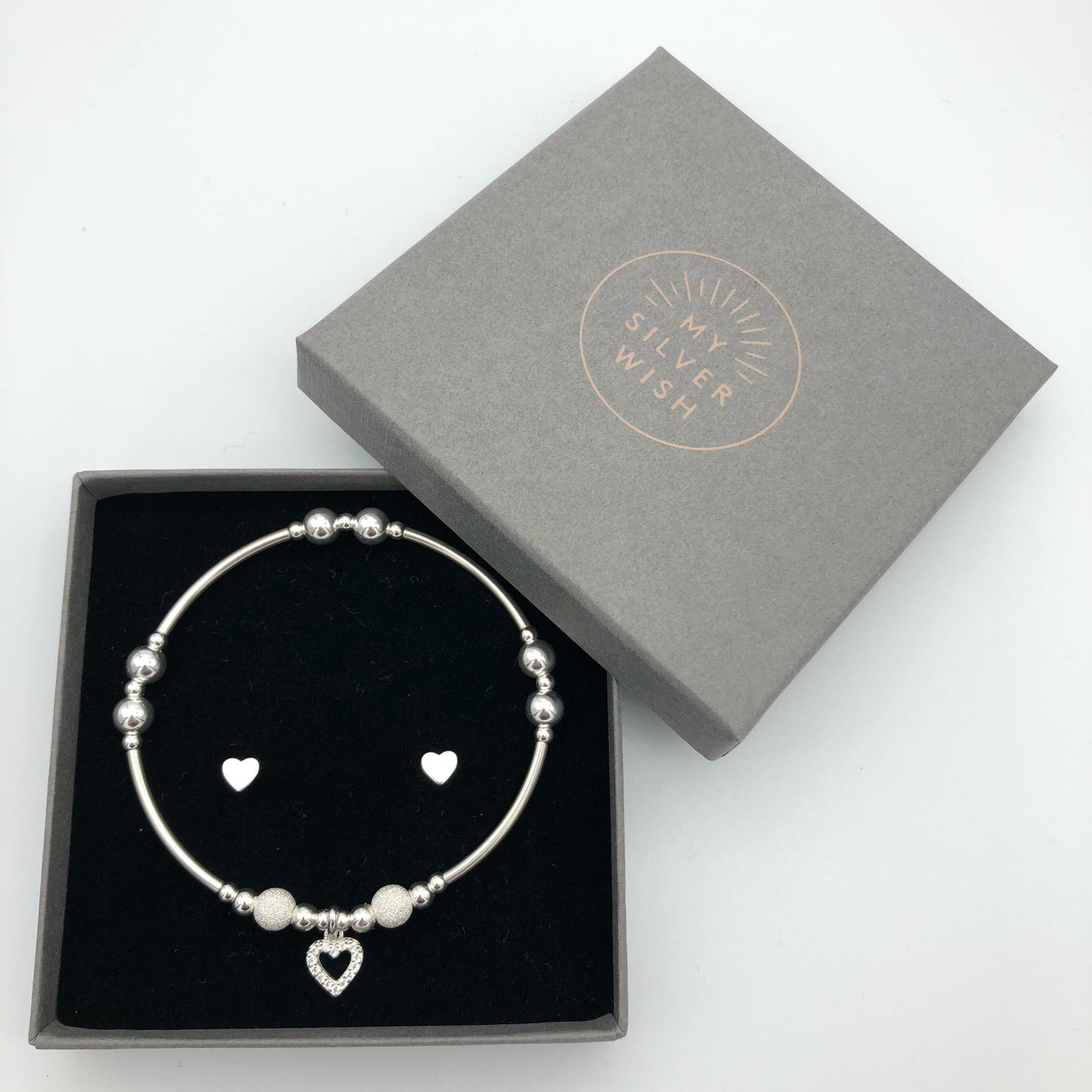 Diamond heart charm sterling silver hand-made women's stacking bracelet and earring gift set