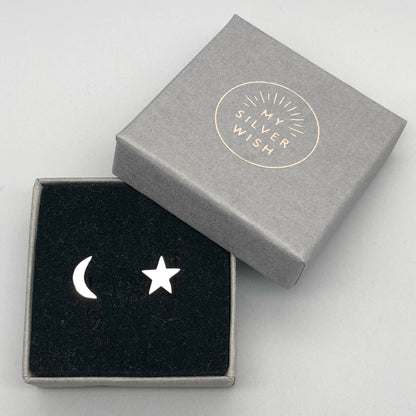 Crescent Moon & Star Sterling Silver Stud Earrings by My Silver Wish