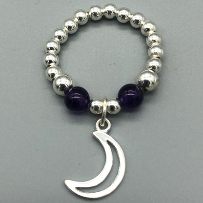 Moon charm amethyst & sterling silver women's stacking charm ring by My Silver Wish