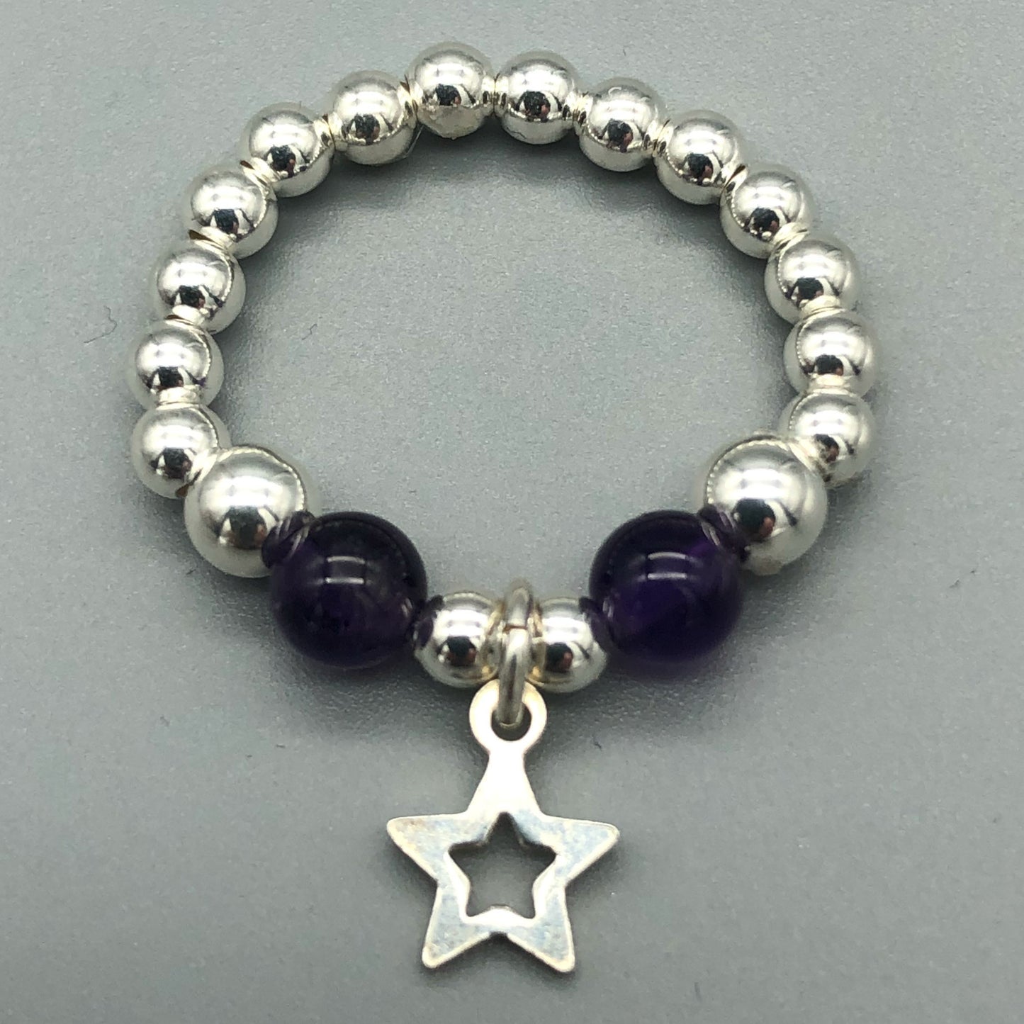 Star charm amethyst sterling silver charm women's bead stacking ring by My Silver Wish